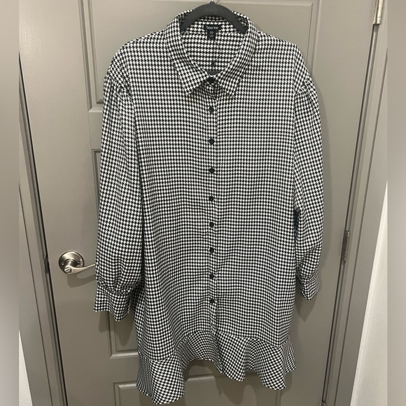 Boohoo Houndstooth Print Button Up Puff Long Sleeve Dress Women’s US Size 16 - Picture 2 of 5